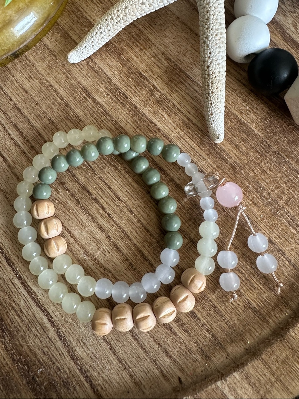 NWT Double Beaded Bracelet Set in Green, Cream & Natural Wood